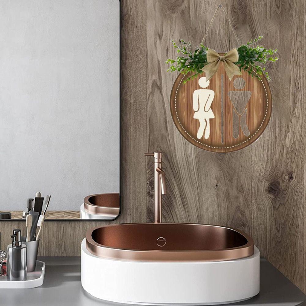 Round Wooden Toilet Sign Bow Knot Wall Hanging Signs Durable Bathroom Sign  Laundry