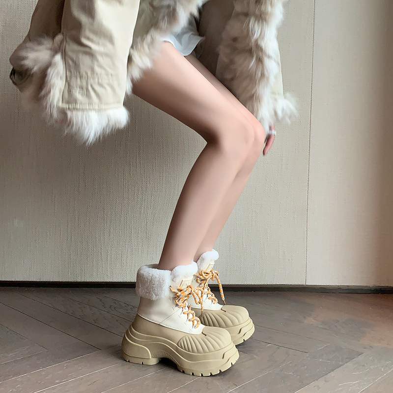 Krazing Pot Cow Leather Wool Blend Winter Round Toe Platform Snow Boots Lace Up Design Women Keep Warm Ankle Boots
