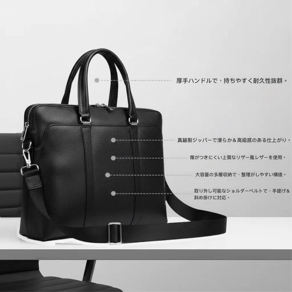 YOISA Briefcase, Premium Business Tote Bag for Men and Women, A4 Size Fit, Black, with Shoulder Strap, Genuine Cowhide Leather, Brass Zipper, Perfect