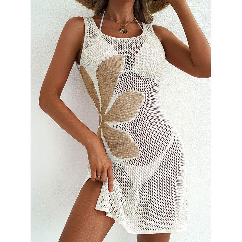 Women s Round Neck Sleeveless Crochet Mini Dress Bodycon Casual Beach Swimwear Cover Up with Floral Pattern S