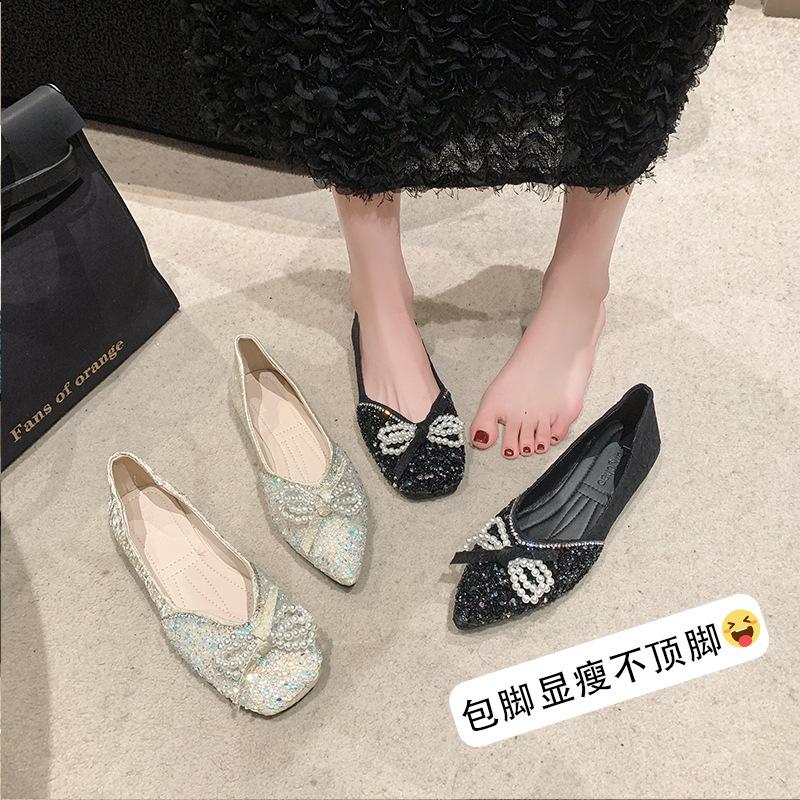 French temperament fairy evening breeze single shoes female flat bottom shallow mouth 2025 new spring and summer shoes rhinestone soft sole ladyshoes