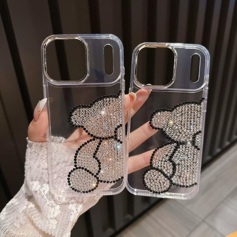 Applicable to iphone17ProMax mobile phone case with diamond bear Apple 16 rhinestone acrylic 15 cartoon protective case