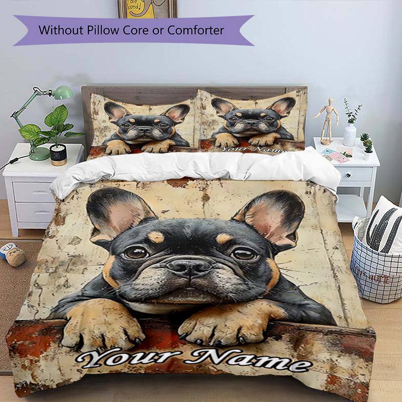 3PC Custom Name French Bulldog Portrait Bedding Set Duvet Cover Closure Includes 1 Duvet Cover & 2 Pillowcases for Bedroom