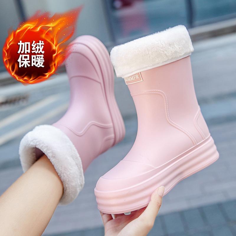 Rain shoes women's adult fashion long tube water shoes women's velvet warm rain boots waterproof and non-slip kitchen rubber shoes wear-resistant