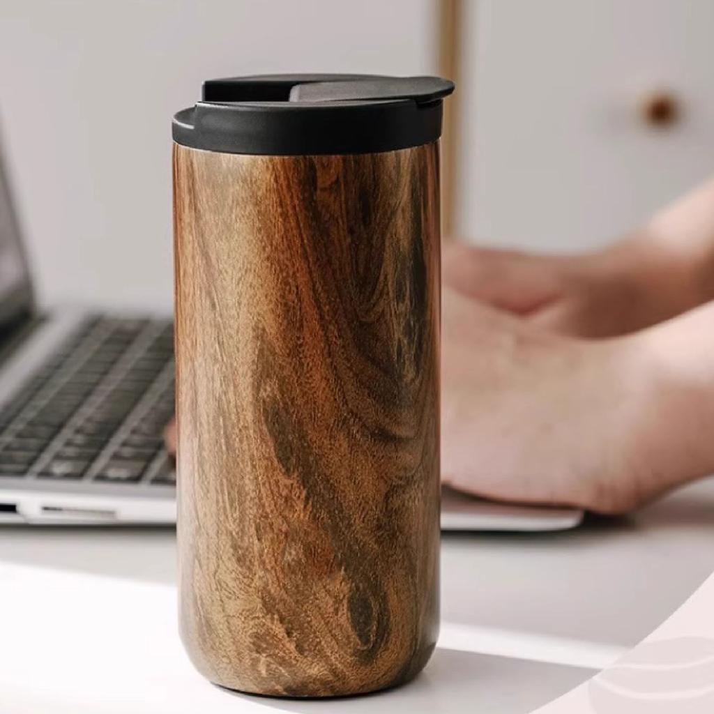 Insulated Travel Mug with Lid 500ml Stainless Steel Wood Pattern Portable Multifunctional for Office School Outdoor