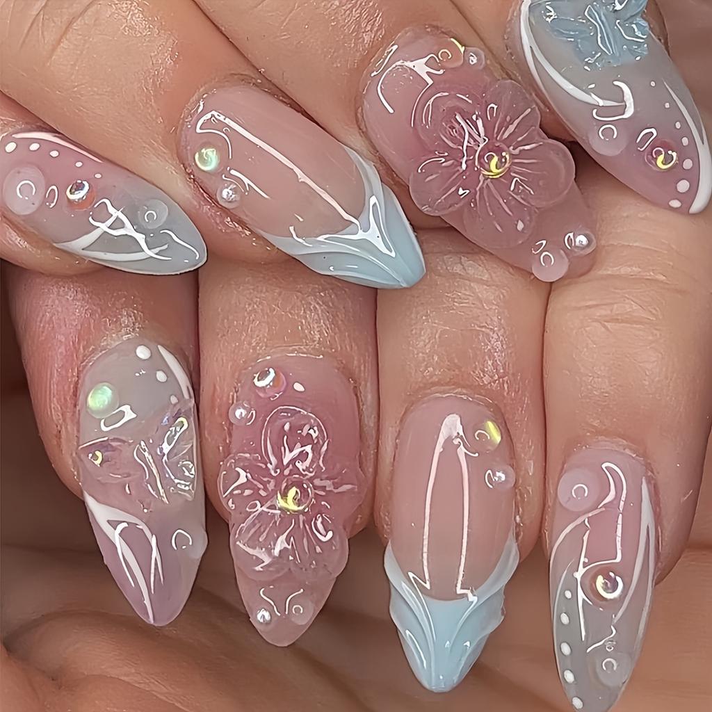 Set van 24 stuks Franse Amandel Plaknagels, Blauw & Roze Verloop 3D Strepen & Bloemig Vlinder Design, Verwijderbare Valse Nagels met 1 Gel & Nagelvijl