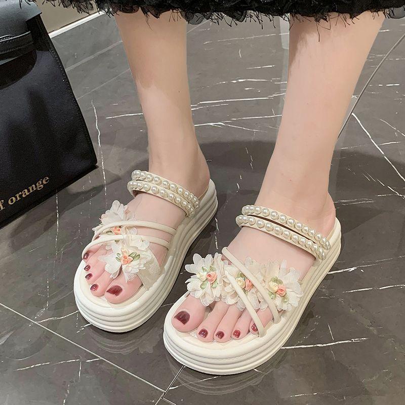 Fashion Pearl Flowers Platform Open Toe Sandals for Women Summer Anti Slip Hot Sales 2025 Comfortable Luxury High Quality Woman Shoes