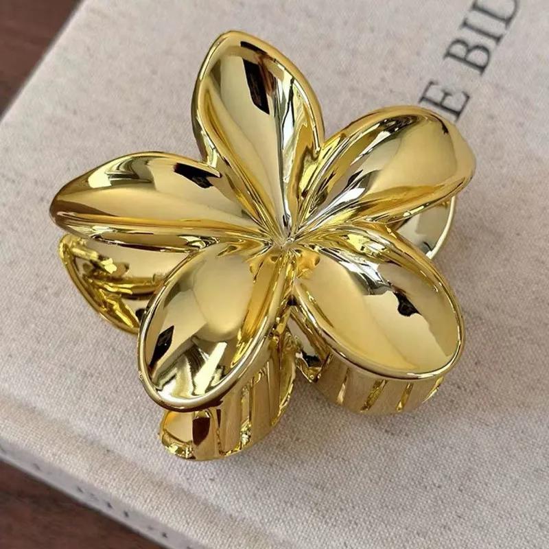 Simple Gold and Silver Plumeria Hair Clip for Women  Elegant Temperament Shiny Shark Clip Fashionable Girl Ponytail Hair Clamp