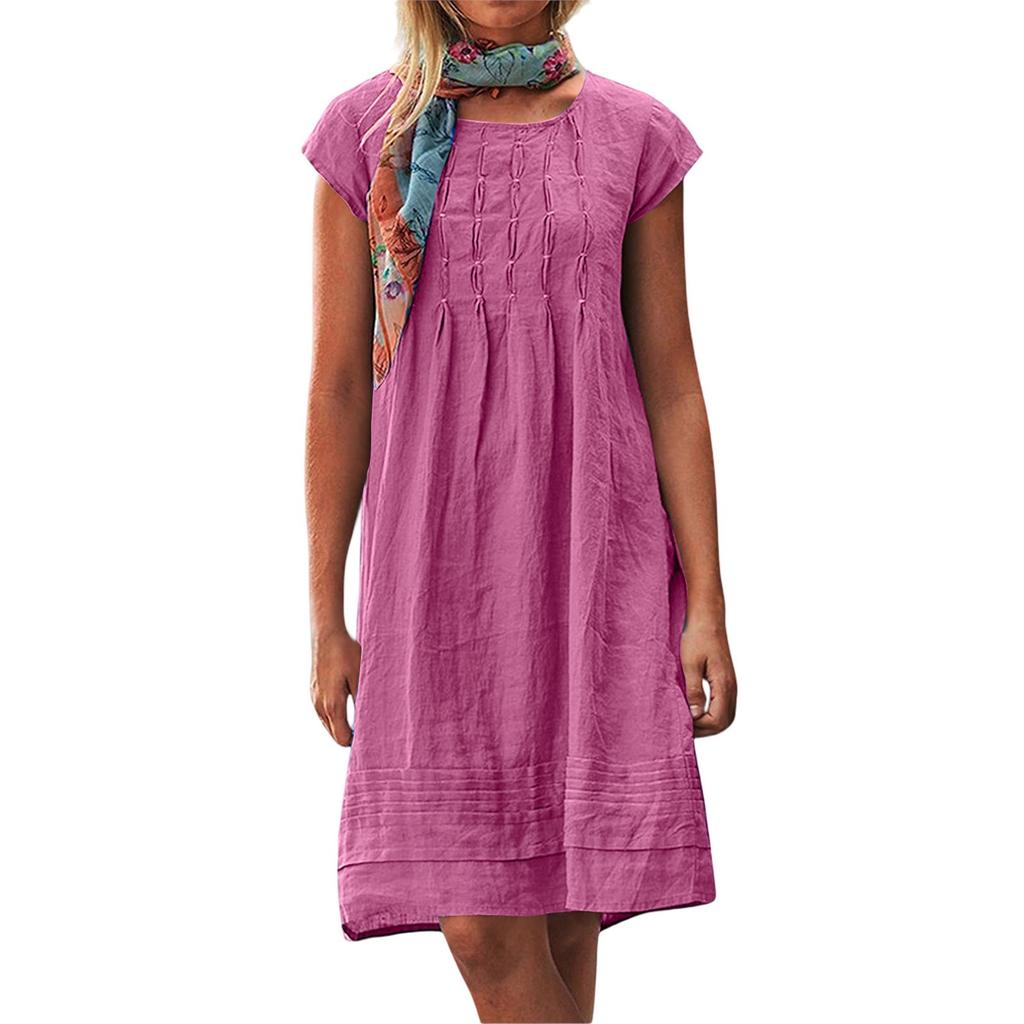 Women's Casual Loose O Neck Short Sleeve Wrinkles Elegant Linen Swing Dresses