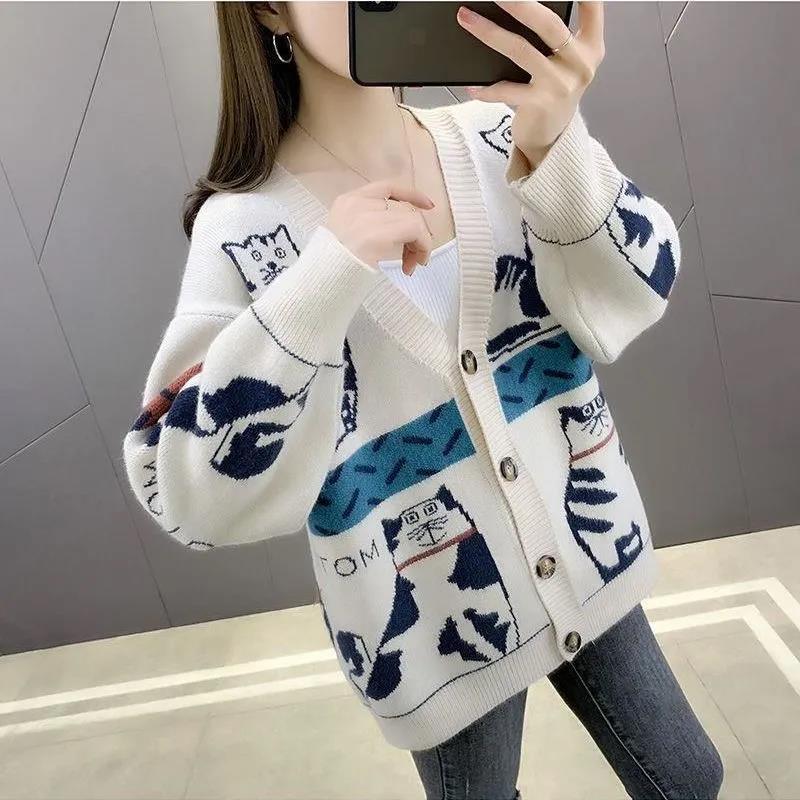 Autumn and Winter Loose Knitted Sweater Versatile Wear Fashion Casual Cartoon Kitten Color Matching V-neck Sweater Jacket Women