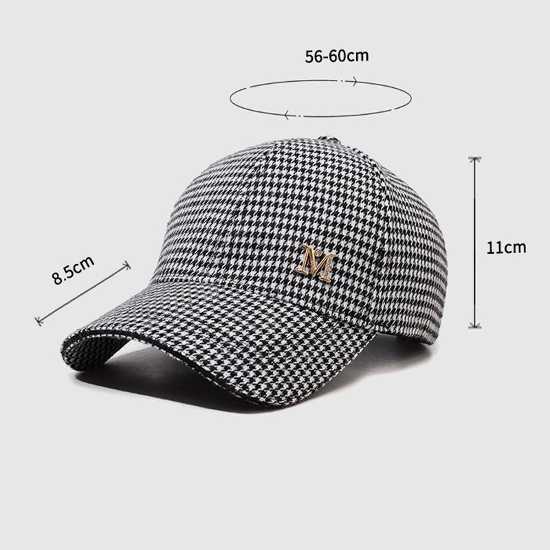 Women's Autumn Winter Houndstooth Rhinestone M Letter Baseball Cap Wool Warm Peaks Cap