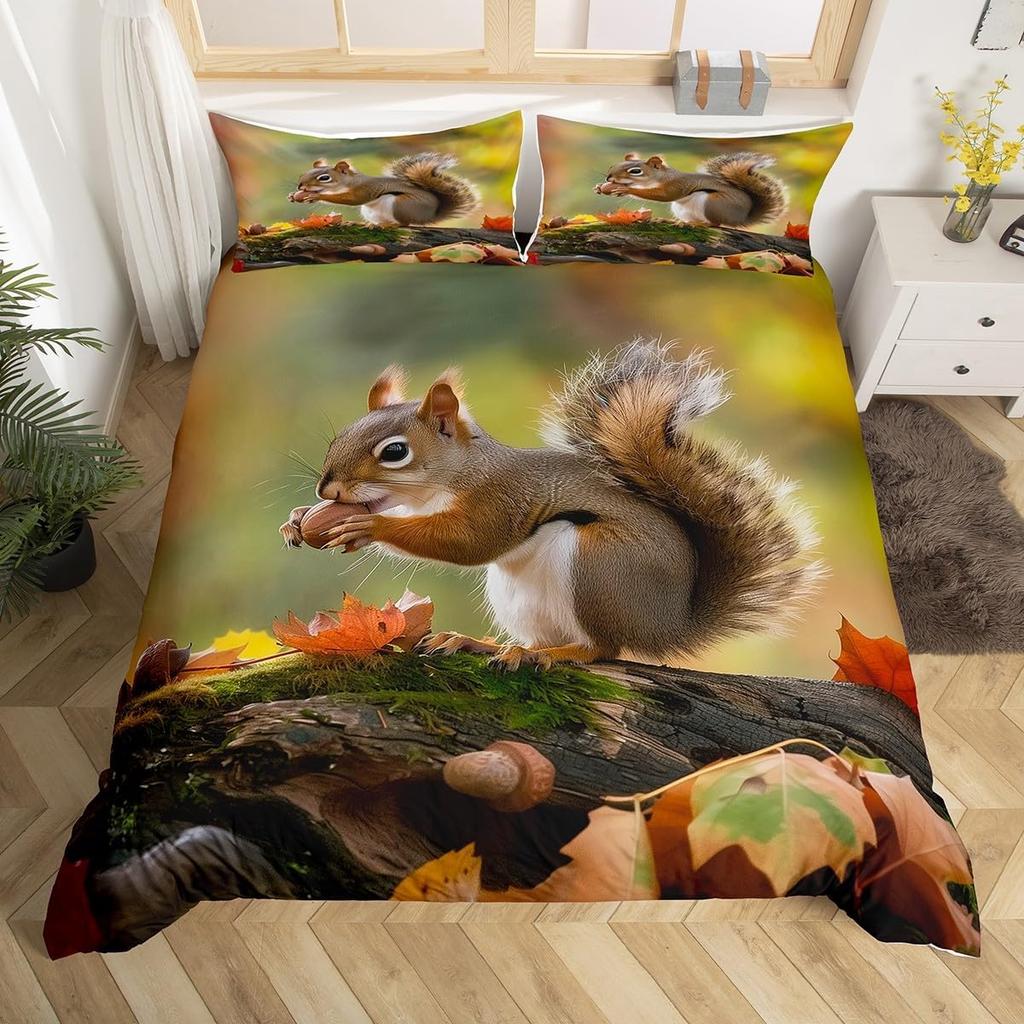 Cute Squirrel Duvet Cover Cherry Blossom Print Bedding Set for Boys Girls Thanksgiving Day Gift Cartoon Squirrel Comforter Cover