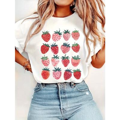 European Size Women's Strawberry Print 100% Polyester T-Shirt - Loose Fit Round Neck Short Sleeve Casual Top, Breathable Summer Party & Casual Attire