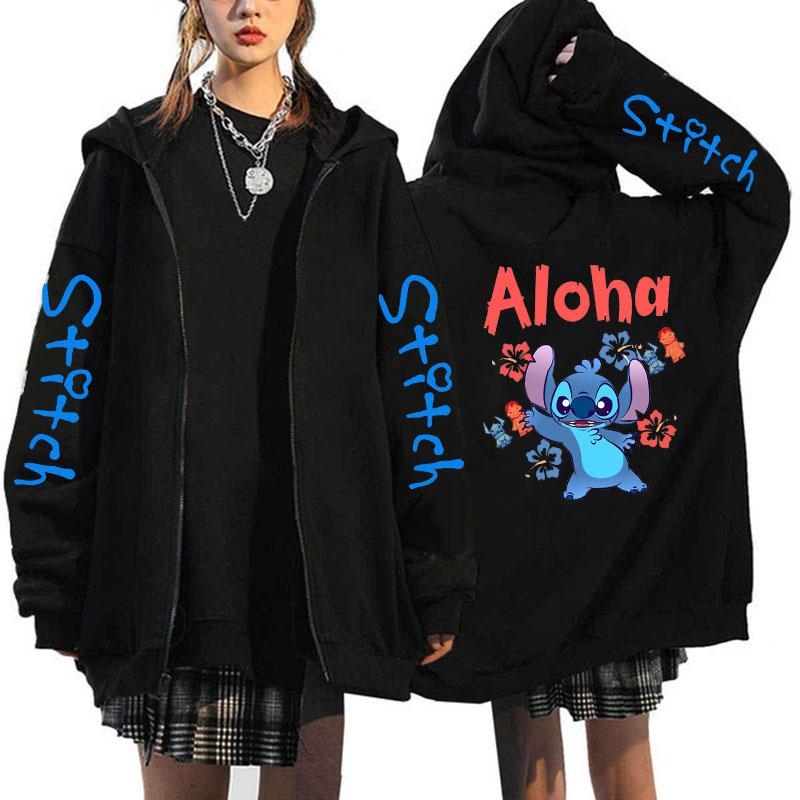 Oversized Y2k Zip-up Hettegenser Disney Dame Lilo & Stitch Kostyme Vinterklær Dame Langermet Varm Jakke Zip-up Street Topper