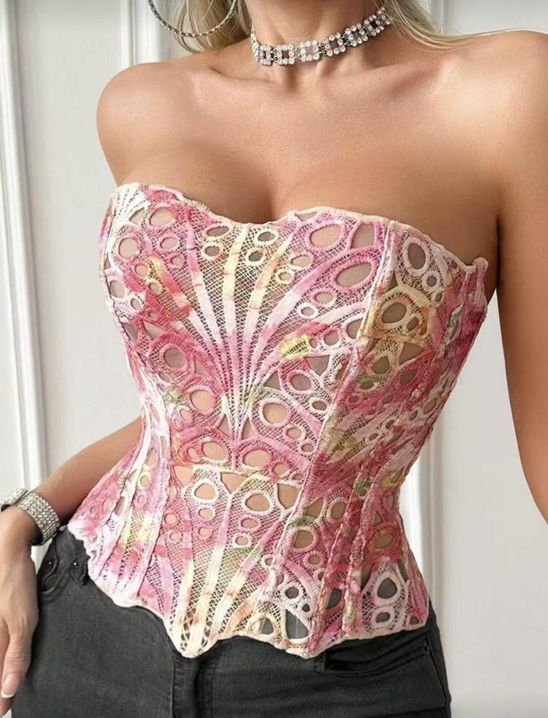 European & American Lace Corset: Hollow-Out Fishbone Bustier Top with French Print
