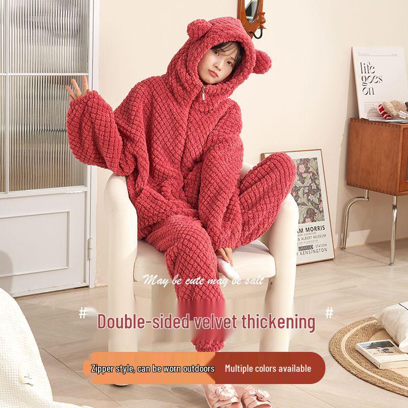 Women's Coral Fleece Pajama Set - Hooded & Zippered, Thick Flannel with Plus Velvet, Suitable for Outdoors in Autumn & Winter