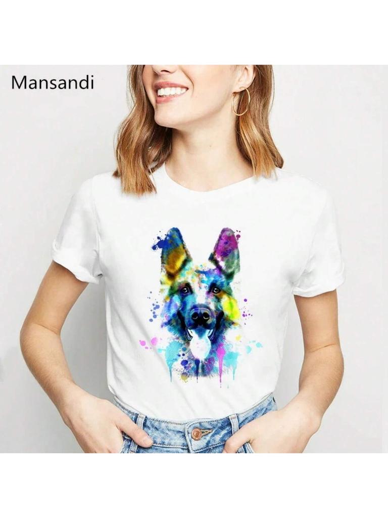 Watercolor German Shepherd Print Tshirt Wounisex Funny T Shirts Femme My Best Friend Pet Dog Tops Female T-Shirt Streetwear
