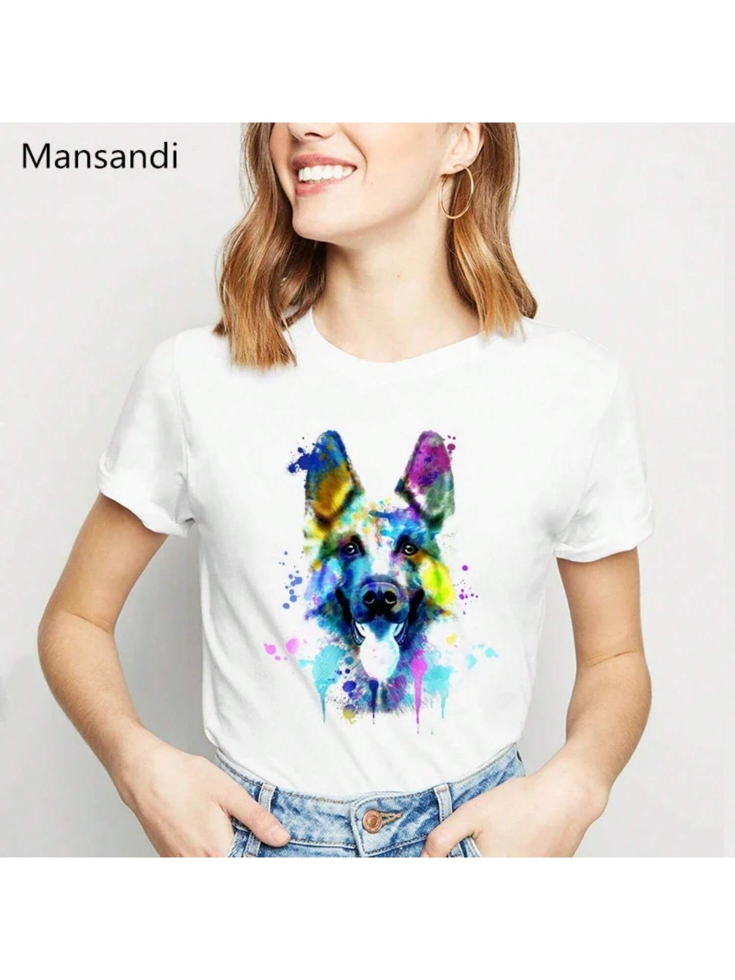 Watercolor German Shepherd Print Tshirt Wounisex Funny T Shirts Femme My Best Friend Pet Dog Tops Female T-Shirt Streetwear S разноцветный