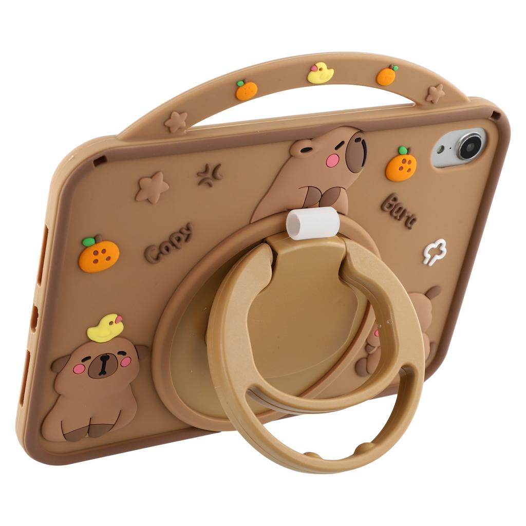 For iPad Mini (2024)/(2021) Silicone Case with Handle 360 Degree Rotating Kickstand Protective Cover Capybara Pattern