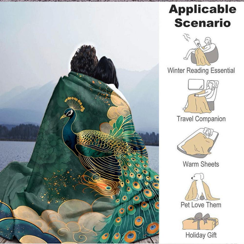 1PC Peacock Feather Pattern Blanket, Soft Warm All-Season Throw for Sofa, Bed, Car, Office, Vibrant Colorful Design, Durable & Cozy Gift for Home Deco