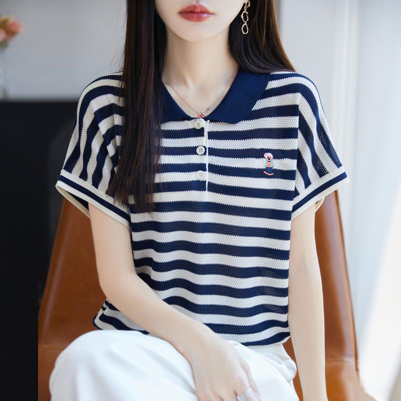 Women Knit T-shirt 100% Wool MODERN NEW SAGA Summer Knitted Shirt Short Sleeve Tees Turn-down Collar Patchwork Pullover Knit Tops