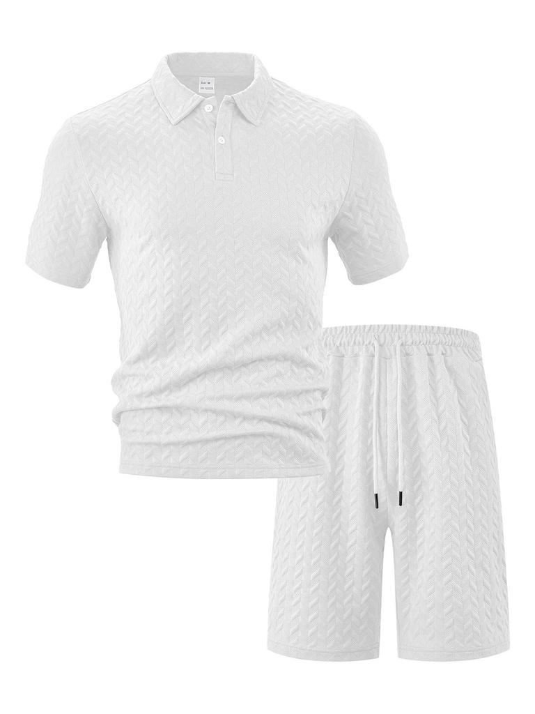 Summer Men's POLO Jacquard Solid Color Casual Loose Shorts Sports Set