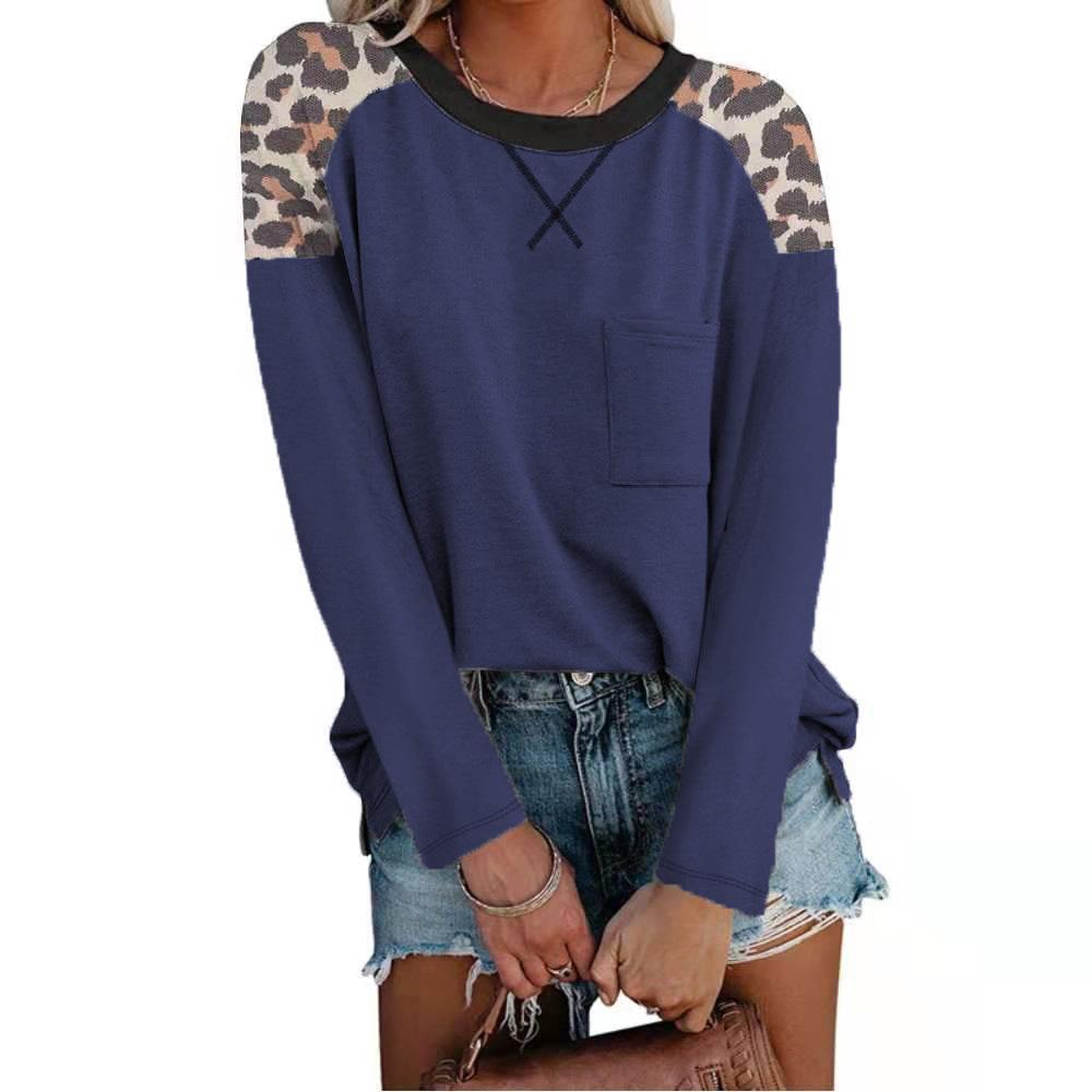 Autumn and Winter New Round Neck Leopard Print Stitching Pocket T-shirt Long-sleeved Bottoming Shirt