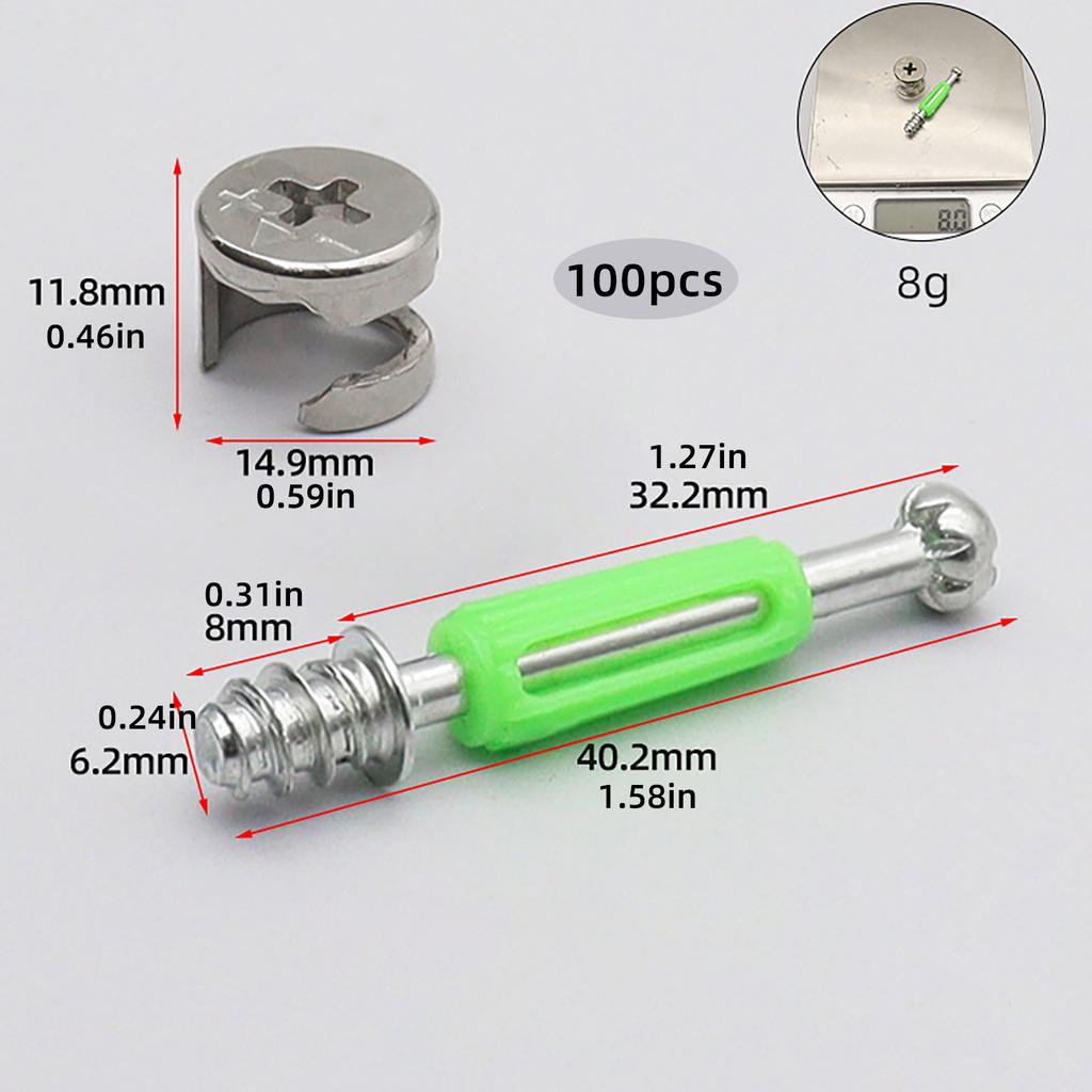 100Pcs Cabinet Lock and Screws for Furniture Assembly Eccentric Wheel and Wood Dowels for Cabinets and Drawers
