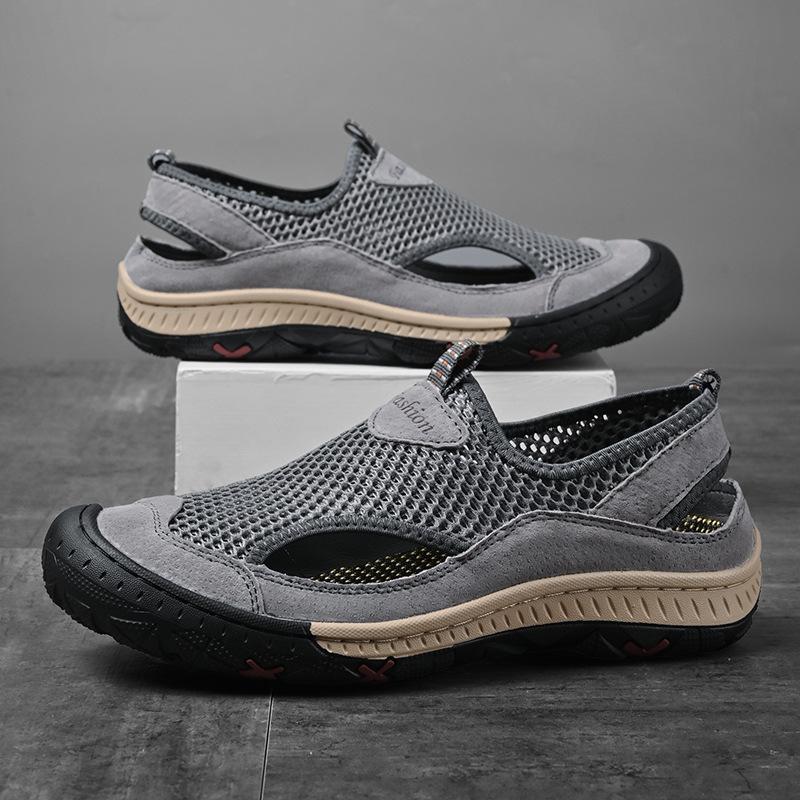 

2025 summer large size handmade one-pedal casual shoes for men, breathable and versatile, never degummed mesh shoes for men 48 серый