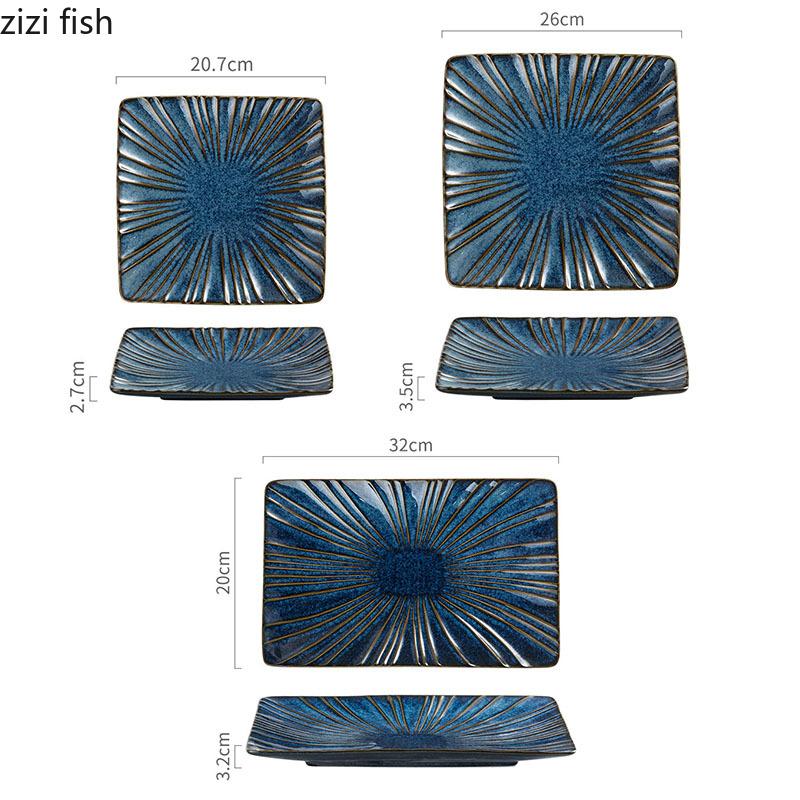Retro Ceramic Square Plate Dessert Plate Sushi Dish Sashimi Dish Relief Striped Tableware Creative Snack Plate Steak Plates