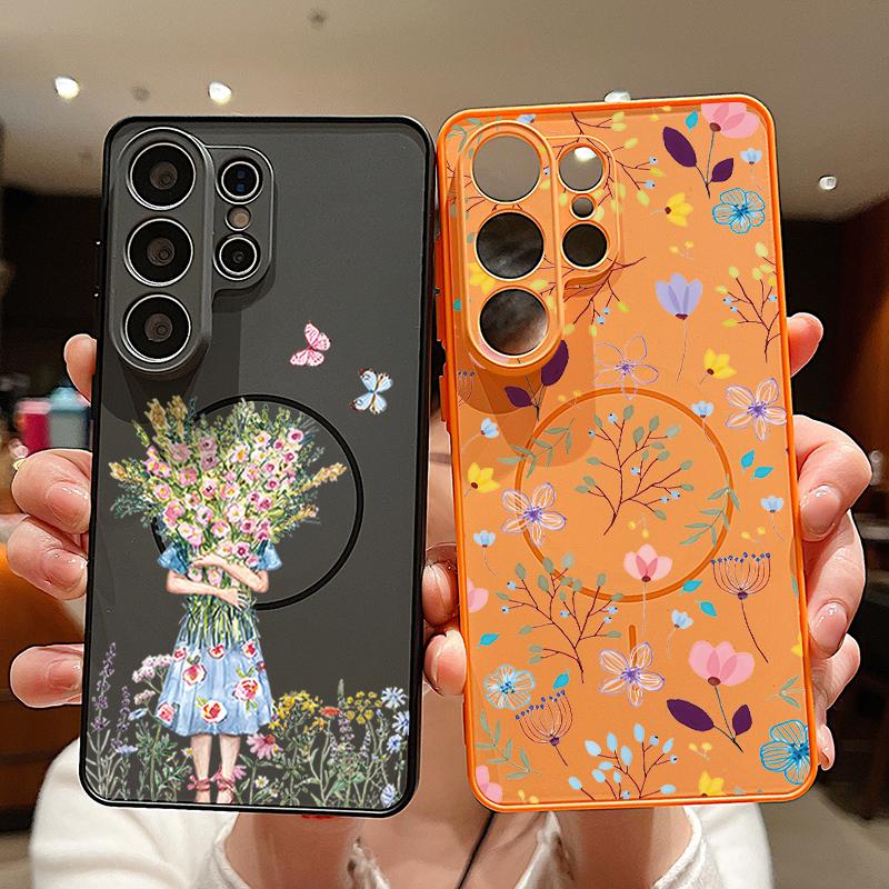 Girl Flowers Pattern Case For Samsung Galaxy S26 Ultra S25 Edge S24 Plus S23 FE S22 A17 A54 A55 A56 A57 5G Magnetic For Magsafe Matte Cover