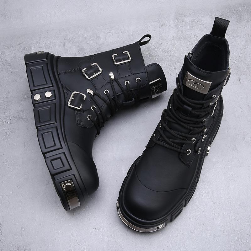 Fashion 2025 Retro Lace-up Men's Platform Boots Fashion Casual New Designer Motorcycle Boots Male Solid Color Cow Leather Punk Shoes Man