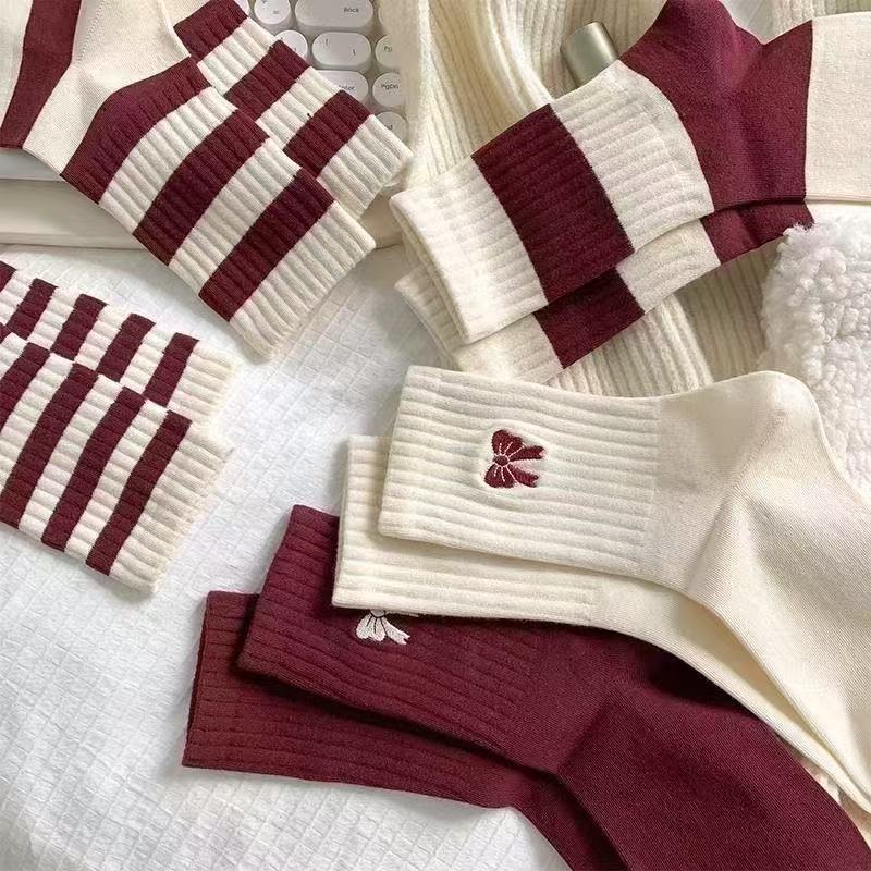 5 Pairs of Angola Red Socks Women's Four Seasons Models New Butterfly Mid-calf Socks Versatile Striped Stockings Women's Socks New Year Socks