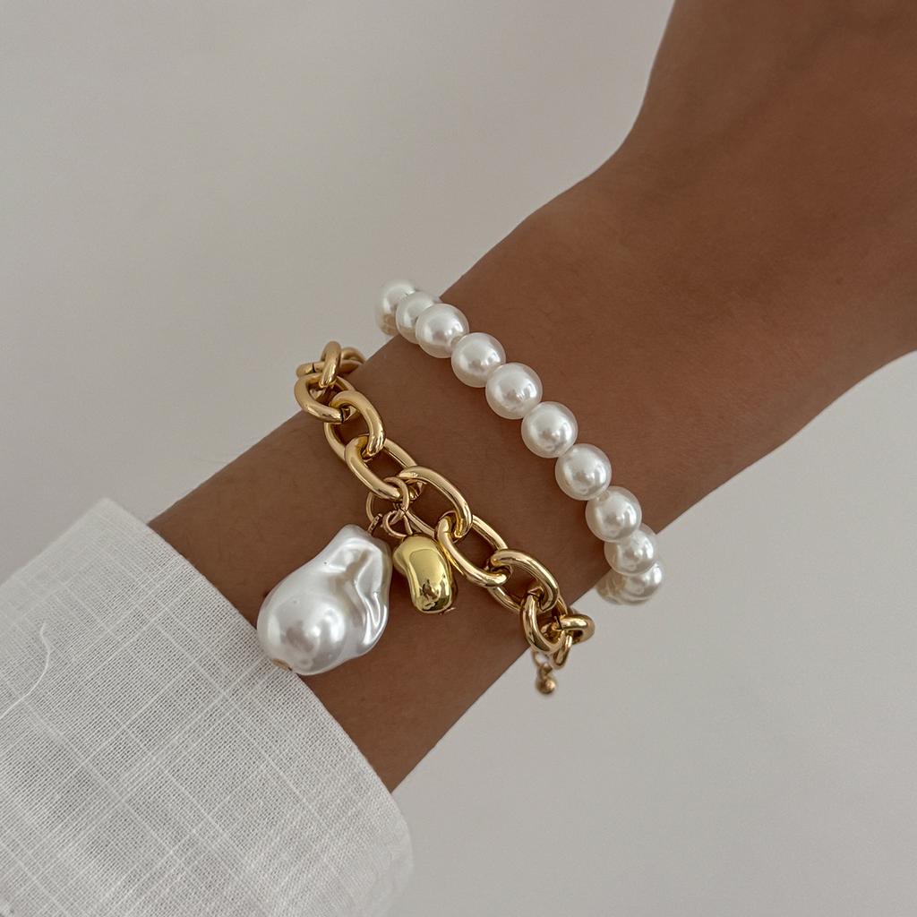 Baroque Special-Shaped Imitation Pearl Beaded Bracelet Fashion Gravel Flash Diamond Love Pendant Elastic Bracelet
