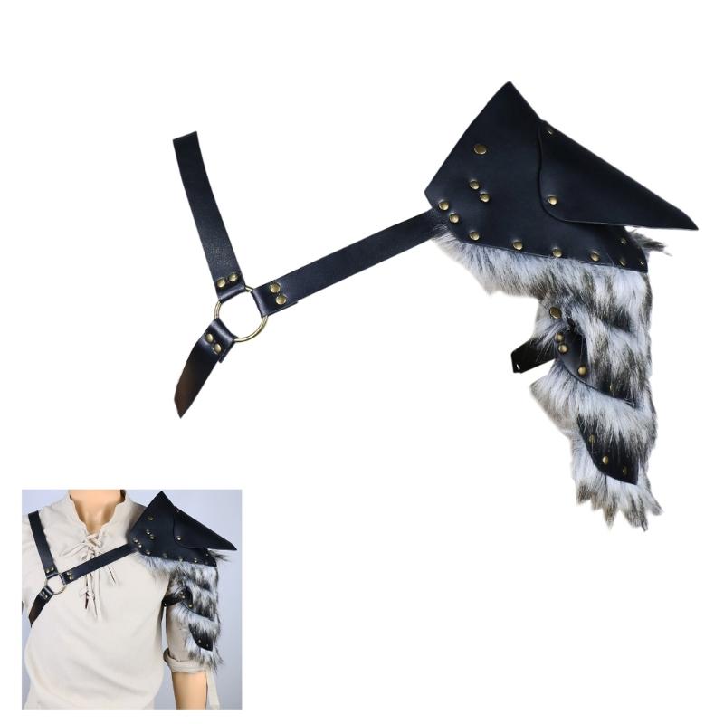 Medieval Men Furry Trim Spliced Single Shoulder Armors Strap Leather Shoulder Pauldron for Cosplay and Halloween Parties