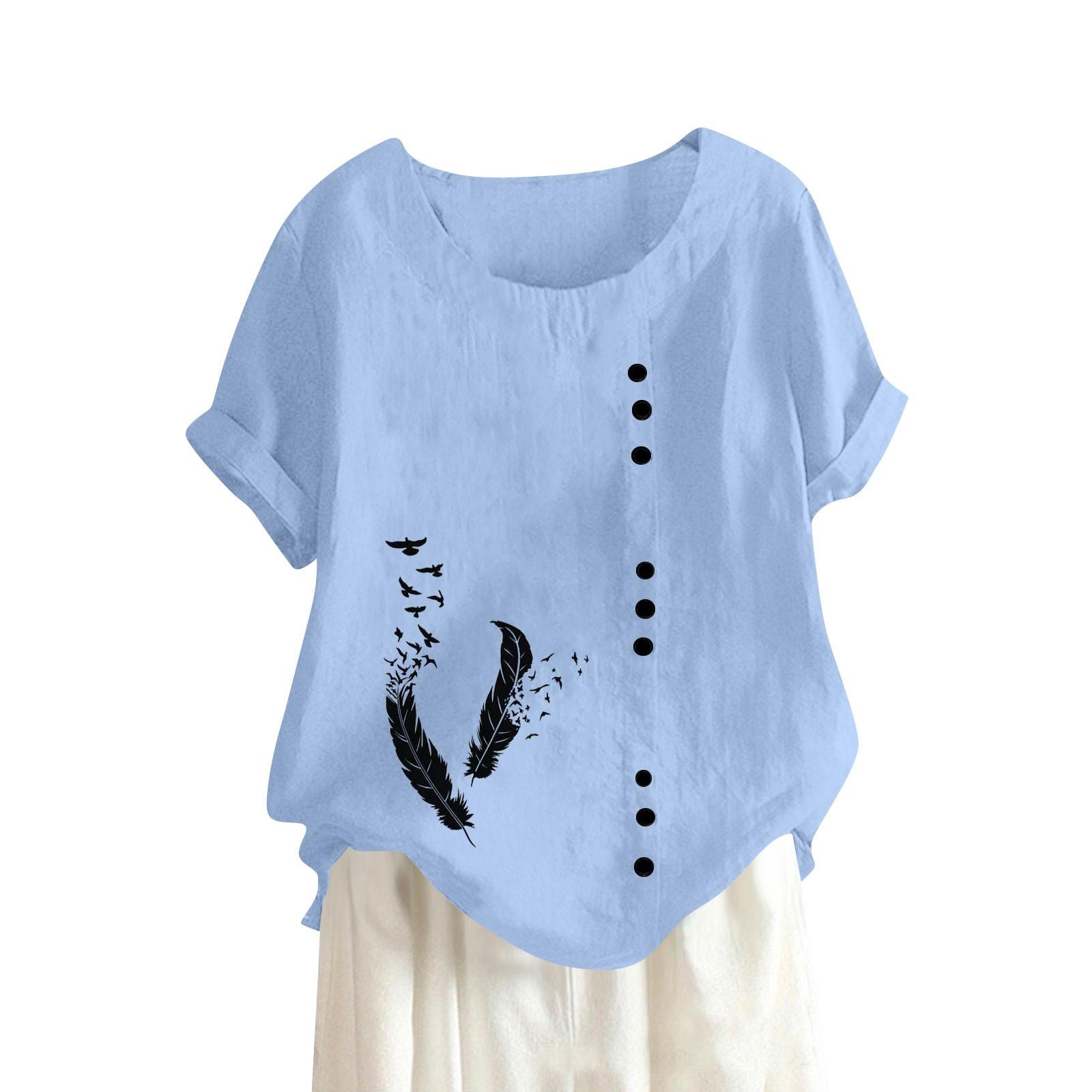 

Женская модная повседневная темпераментная футболка с круглым вырезом, винтажная футболка из хлопка и конопли с короткими рукавами и пуговицами, топ XL небесно-голубой