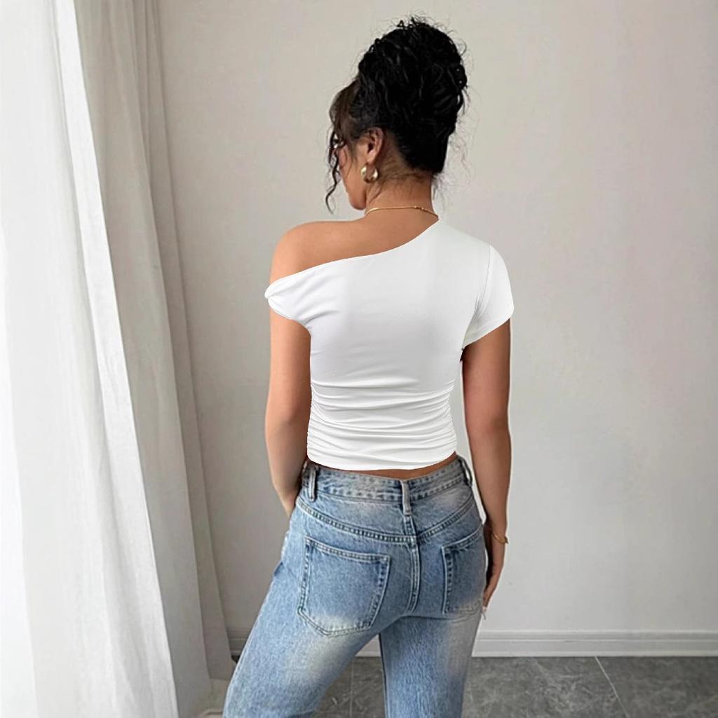 European and American Style Summer New Slanted Shoulder Collar Sexy Top Hot-selling Thin Pleated Exposed Navel Spice Girl Women's Clothing