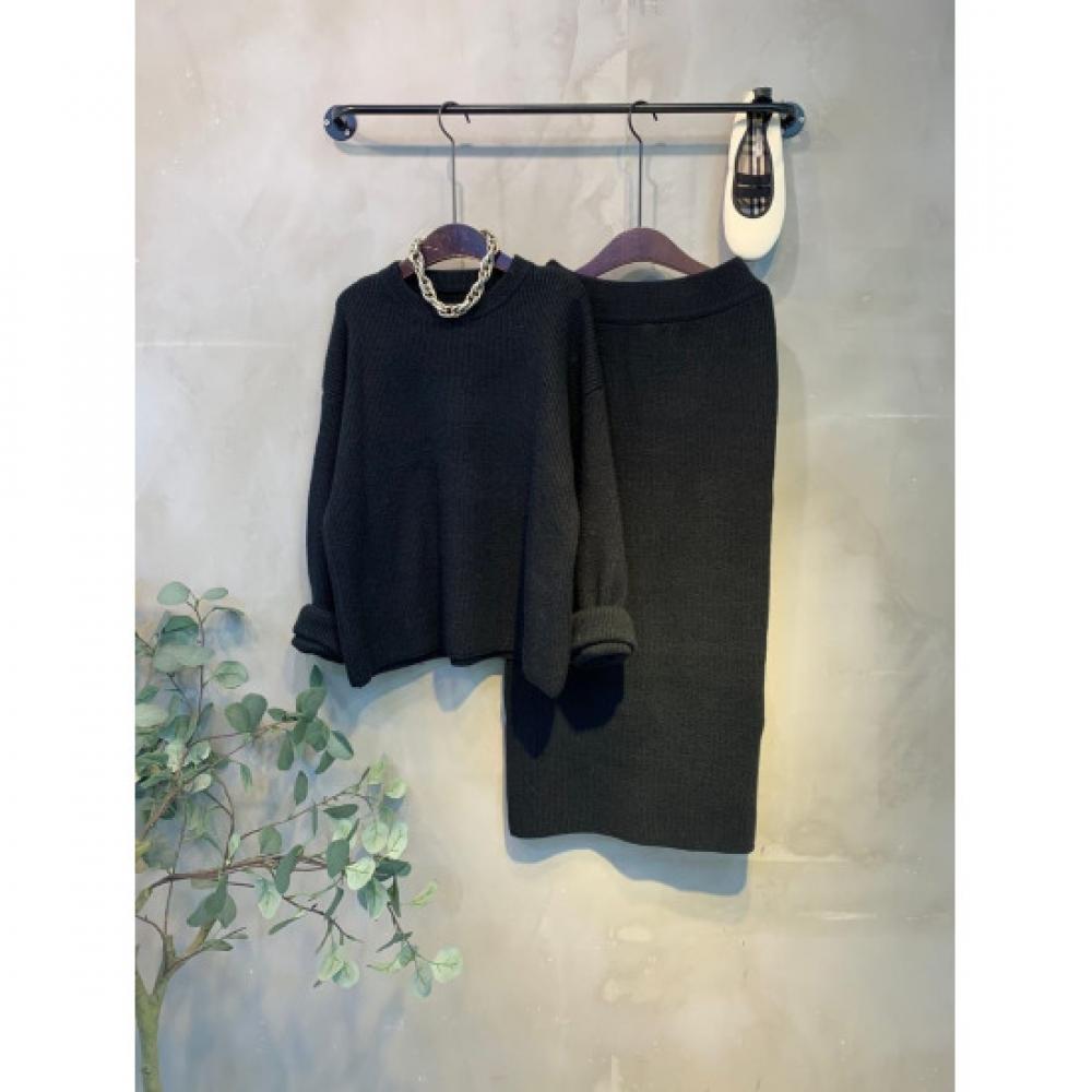 C S In The Room Roful Round neCk Knit Slit Long Skirt Set 4Col