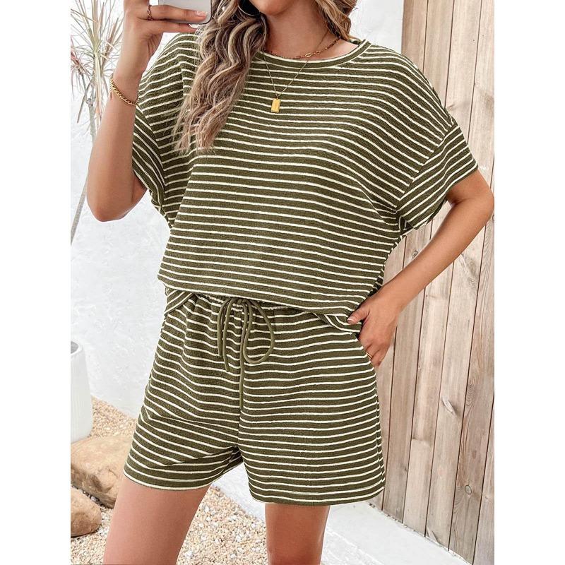 Women 2 Piece Casual Set, Striped Short Sleeve T-shirt and Drawstring Shorts, Fashion Daily Matching Outfit