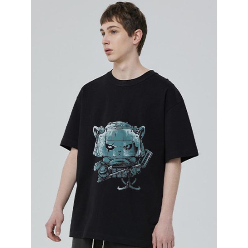 Black T Shirt with Robot Cat Graphic Print for Casual Wear