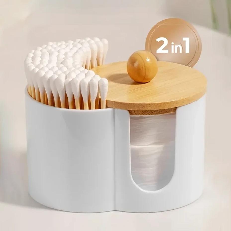 2-in-1 Cotton Swab Makeup Remover Cotton Integrated Storage Box Desktop Makeup Cotton Double Hole Storage Box Covered StorageBox