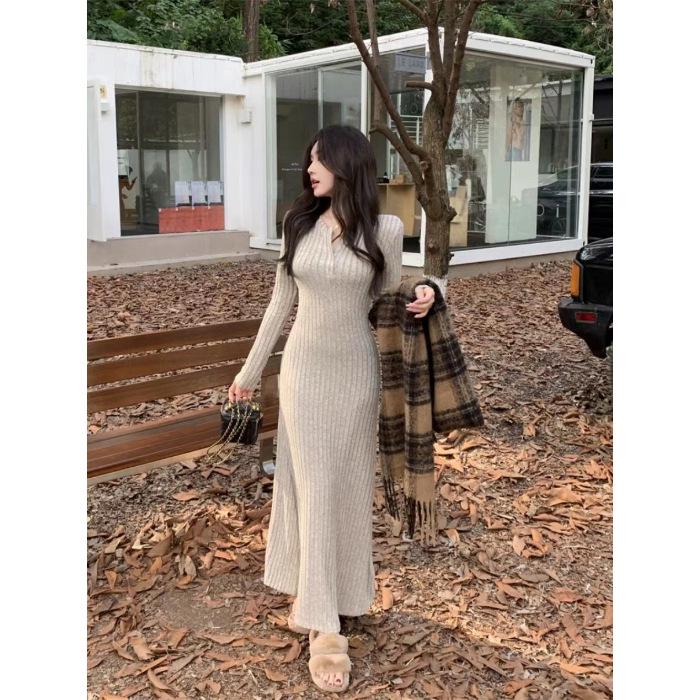 French Temperament Knitted Sweater Dress Women's Autumn and Winter New Coat with Bottom and Slim Skirt