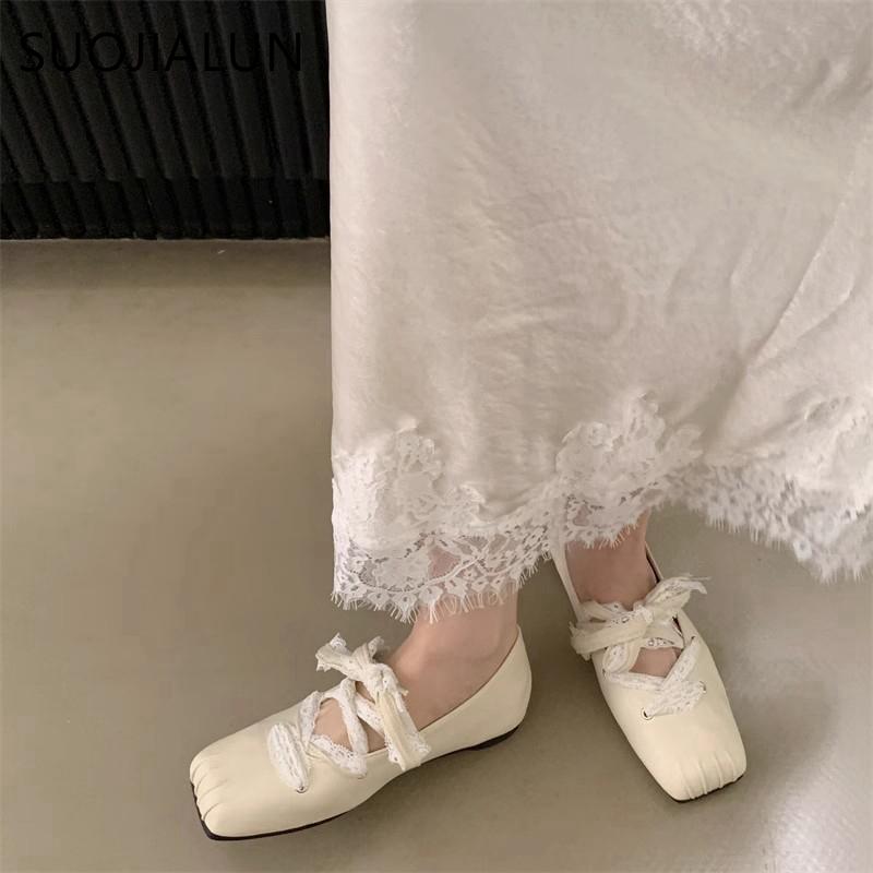 Fashion SUOJIALUN 2025 Spring New Brand Women Flat Shoes Fashion Round Toe Lace Up Ladies Elegant Ballerina Shoes Flat Ballet Shoes