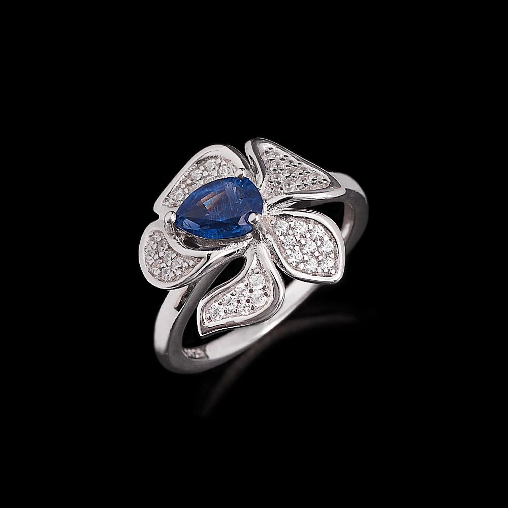 

TBJ, Шляхетна каблучка для жінок з чистого стерлінгового срібла 925 проби, натуральна груша 5*7 мм, синій кіаніт, дизайн квітки, вишукані ювелірні вироби для пропозиції, весільні подарунки US RING SIZE:10# синій