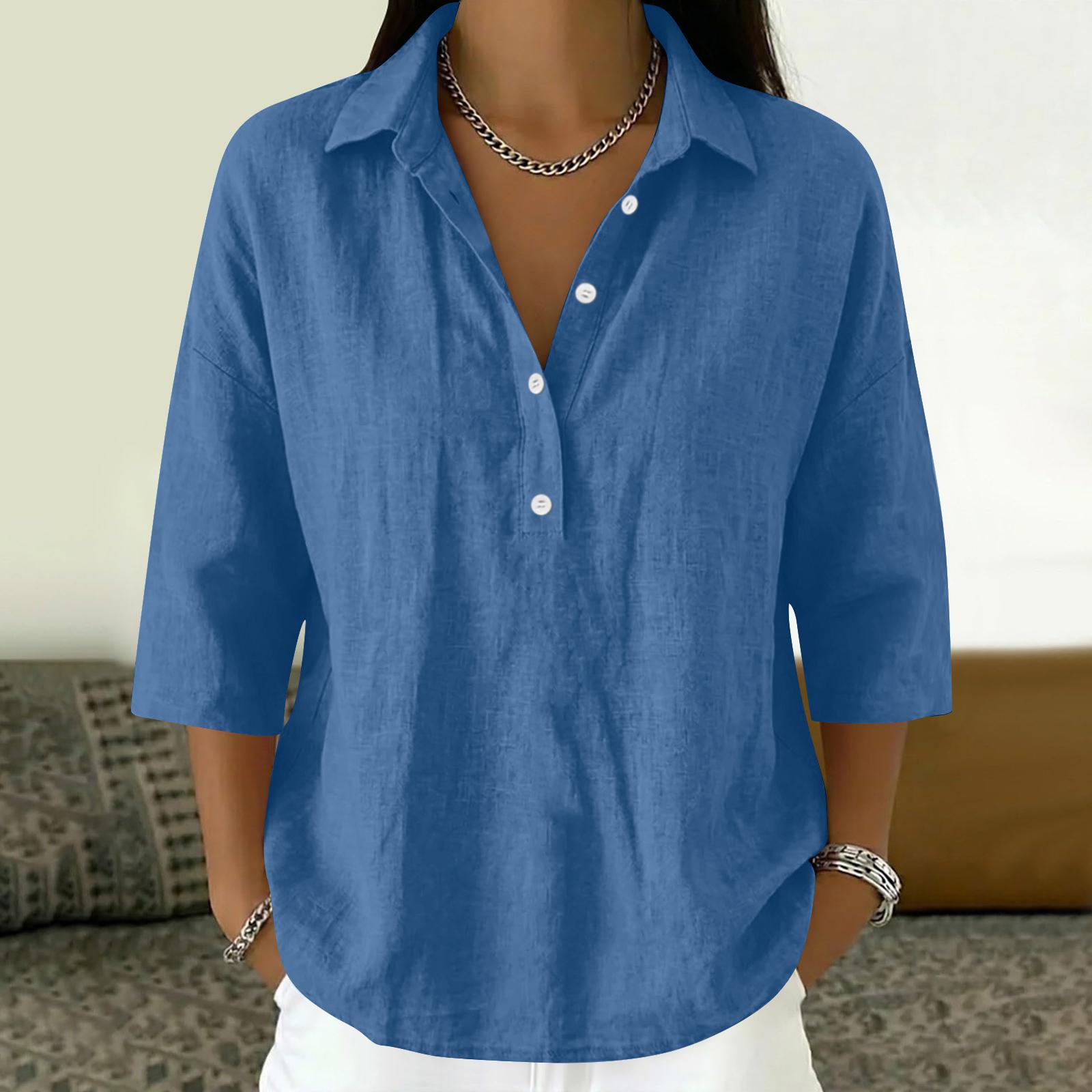 

Womens Long Sleeve Button Down Shirt Casual Loose Fit Collared Blouse Lightweight Top with Half Placket Design for Everyday Wear XL синий