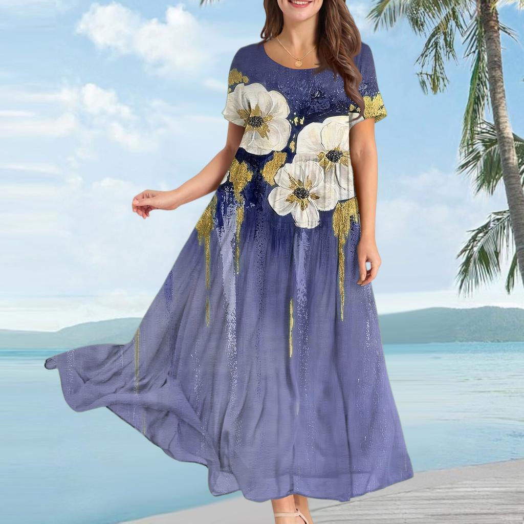 Women's Casual Loose Bohemian Floral Print Short Sleeve Dress