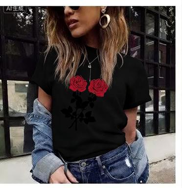 Crew Neck Short Sleeve Red Rose Print T Shirt Women's Outfits Casual Streetwear Fashion Lady Loose Clothing Woman T-shirts Tops
