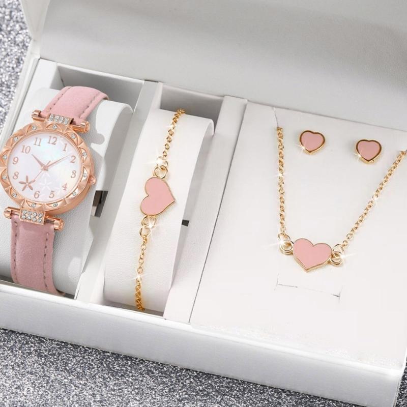 Stylish Watch with Matching Pendant Necklace Chain Bracelet Rings Butterfly Studs Earrings Jewelry Set Alloy Texture