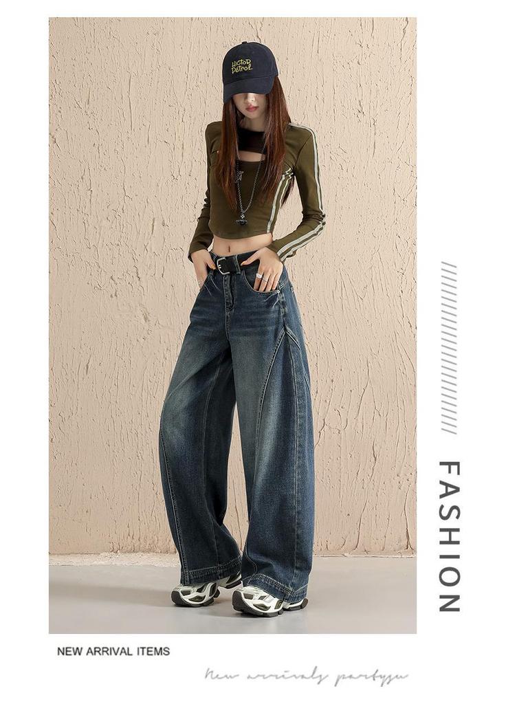 Amerikanische Retro-Jeans mit gebogenem Bein: Damen 2026 Frühling/Herbst Weit geschnittene Säbelhosen
