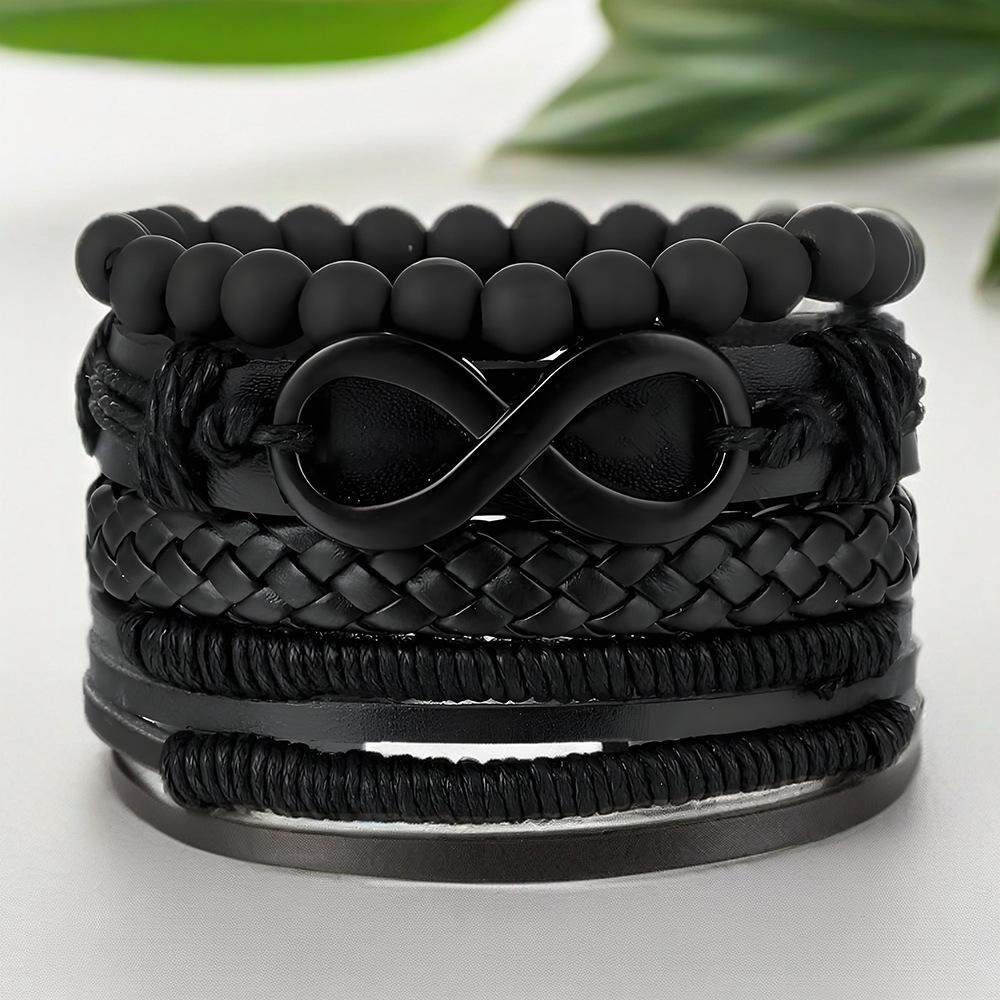 Personalized 4-Piece Black Bead & Leather Bracelet Set for Girls & Boys – Perfect for Parties & Festivals